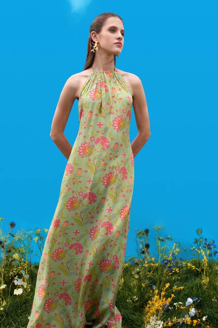 Sajeda A Lehry_Green Crepe Halter Neck Digital Print Dress _Online_at_Aza_Fashions