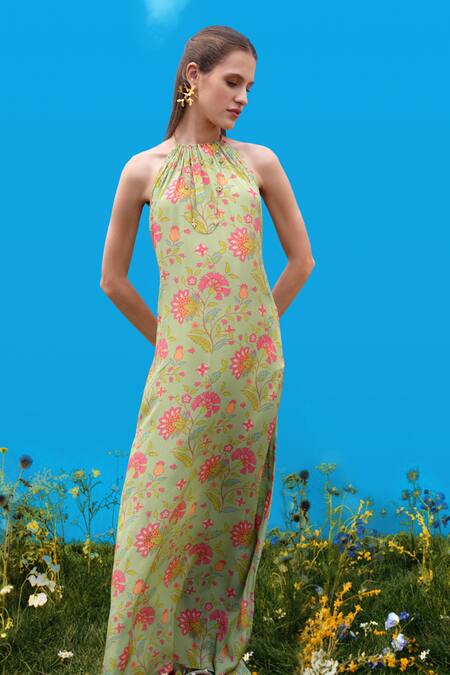 Buy_Sajeda A Lehry_Green Crepe Halter Neck Digital Print Dress _Online_at_Aza_Fashions