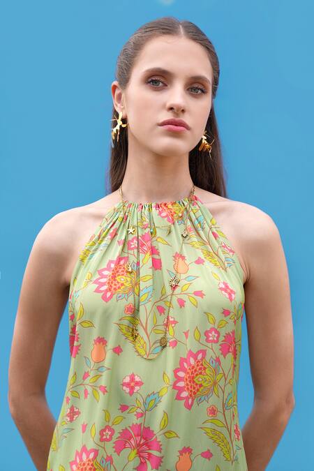 Shop_Sajeda A Lehry_Green Crepe Halter Neck Digital Print Dress _Online_at_Aza_Fashions