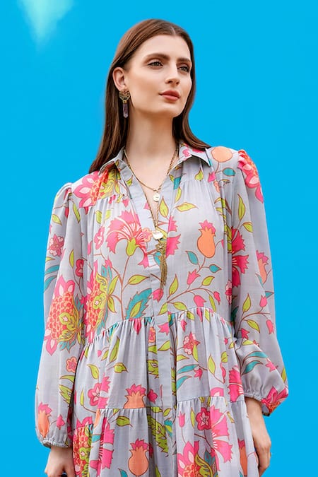 Sajeda A Lehry Gray Cotton Embroidery Collared Hand Digital Print Dress Online at Aza Fashions Sajeda A Lehry_Gray Cotton Embroidery Collared Hand Digital Print Dress _Online_at_Aza_Fashions