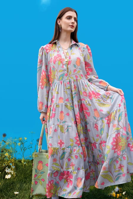 Buy Sajeda A Lehry Gray Cotton Embroidery Collared Hand Digital Print Dress Online at Aza Fashions Buy_Sajeda A Lehry_Gray Cotton Embroidery Collared Hand Digital Print Dress _Online_at_Aza_Fashions