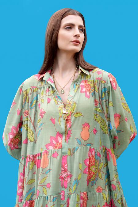 Sajeda A Lehry_Green Cotton Collared Digital Print Pista Dress _Online_at_Aza_Fashions