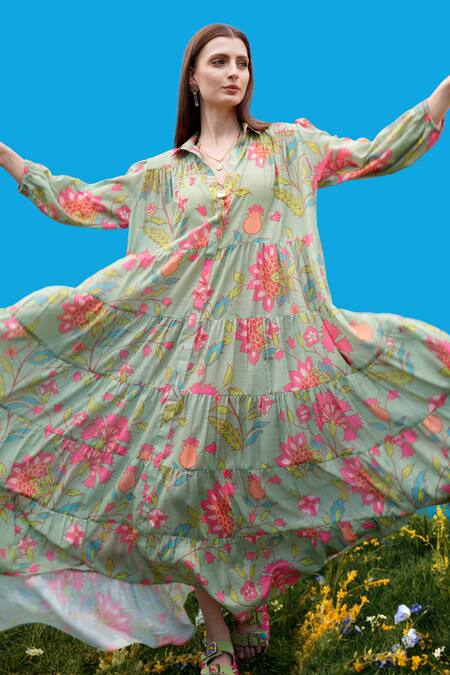 Buy_Sajeda A Lehry_Green Cotton Collared Digital Print Pista Dress _Online_at_Aza_Fashions