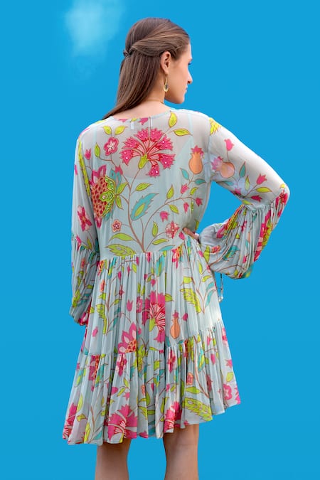 Sajeda A Lehry Floral Hand Embroidered Aqua Dress 