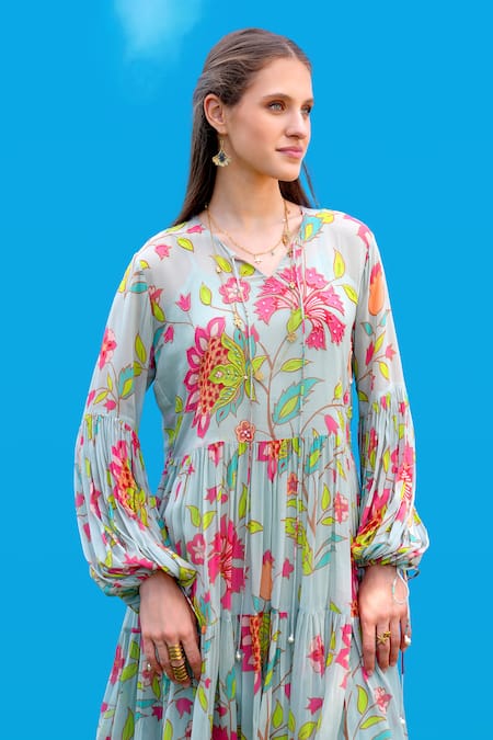Sajeda A Lehry_Aqua Georgette Embroidery Round Neck Floral Hand Dress _Online_at_Aza_Fashions