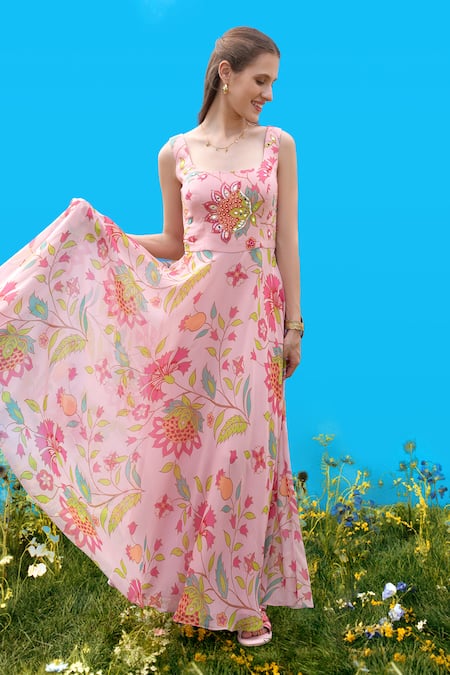 Sajeda A Lehry Pink Georgette Embroidery Square Neck Hand Rose Dress 