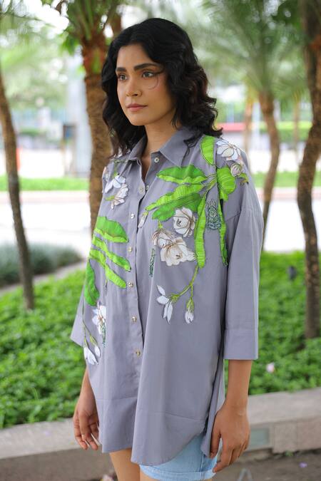 Studio Moda India_Gray Cotton Applique Collared Designer Jasmine Shirt _Online_at_Aza_Fashions