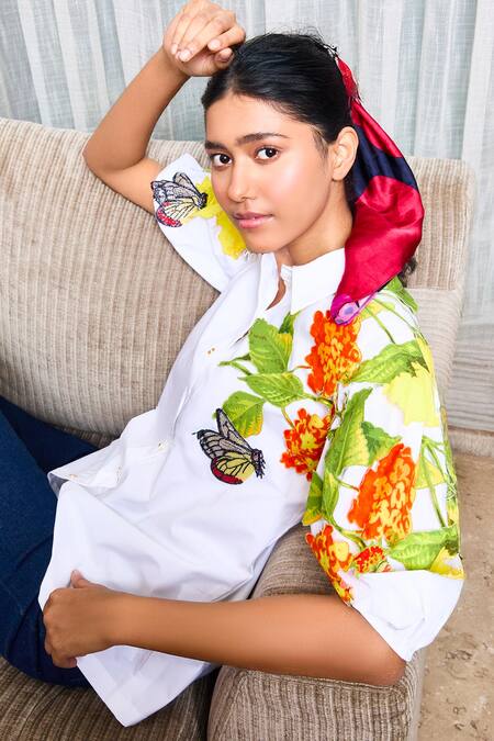 Studio Moda India White Cotton Embroidery, Applique Collared Lanthana Print Shirt Online at Aza Fashions Studio Moda India_White Cotton Embroidery, Applique Collared Lanthana Print Shirt _Online_at_Aza_Fashions
