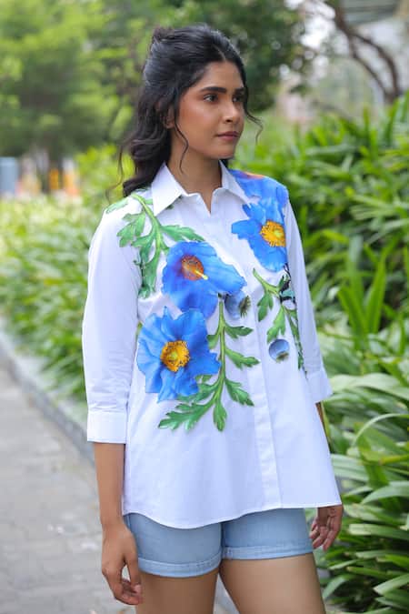 Studio Moda India_White Cotton Applique Collared Himalayan Poppy Shirt _Online_at_Aza_Fashions