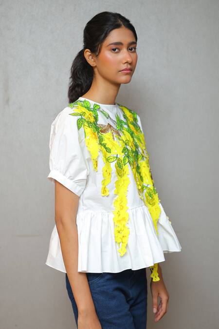 Studio Moda India_White Cotton Embroidery Round Neck Kanikonna Applique Top _Online_at_Aza_Fashions