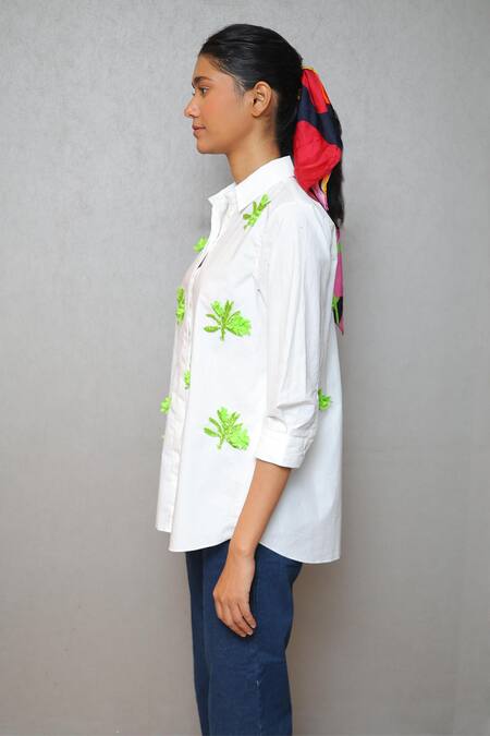 Studio Moda India_White Cotton Embroidery Collared Designer Banana Cutdana Shirt _Online_at_Aza_Fashions