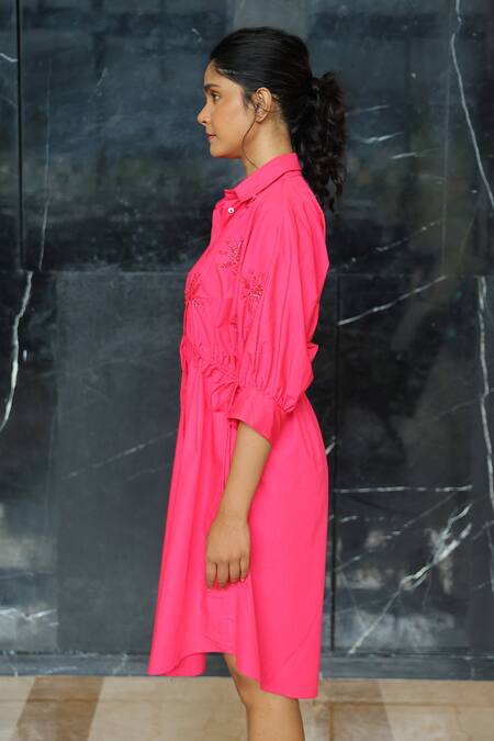 Studio Moda India_Pink Cotton Embroidery Collared Banana Cutdana Drawstring Dress _Online_at_Aza_Fashions