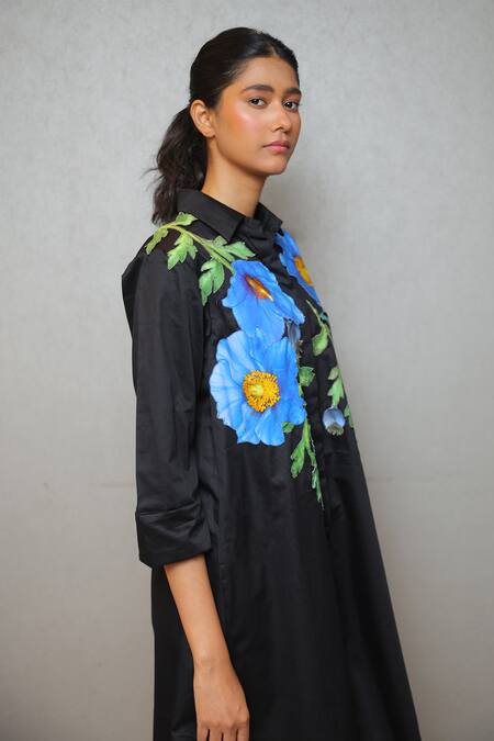 Studio Moda India_Black Cotton Applique Collared Poppy Dress _Online_at_Aza_Fashions
