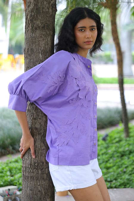 Studio Moda India_Purple Cotton Applique Collared Poppy Shirt _Online_at_Aza_Fashions
