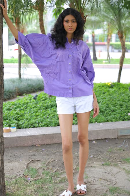 Studio Moda India Purple Cotton Applique Collared Poppy Shirt 