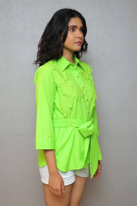 Studio Moda India_Green Cotton Applique Collared Maple Shirt _Online_at_Aza_Fashions