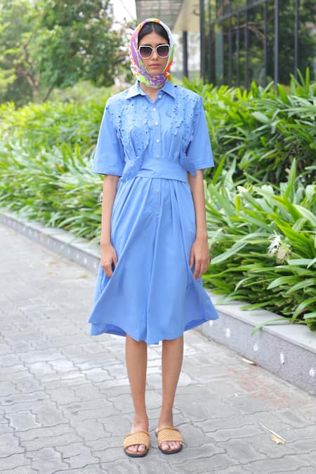 Studio Moda India Blue Cotton Applique Collared Kanikkonna Wrap Jumpsuit 