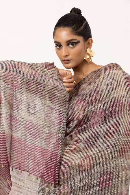 Unallume By Nisha_Purple Silk Floral Collage Saree _Online_at_Aza_Fashions