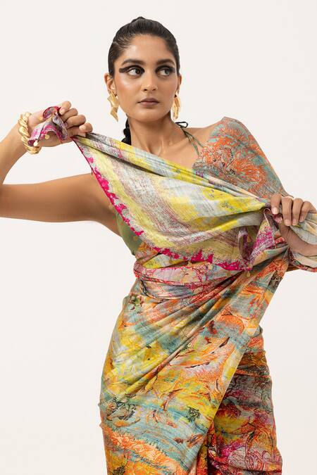 Unallume By Nisha_Multi Color Silk Verdant Symphony Saree _Online_at_Aza_Fashions