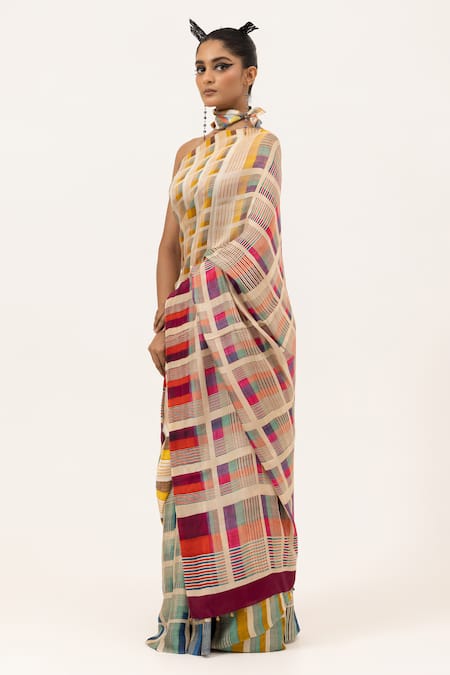 Buy_Unallume By Nisha_Multi Color Silk Modern Mosaic Saree _Online_at_Aza_Fashions