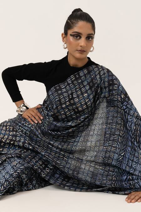 Buy_Unallume By Nisha_Blue Silk Designer Safari Saree _Online_at_Aza_Fashions