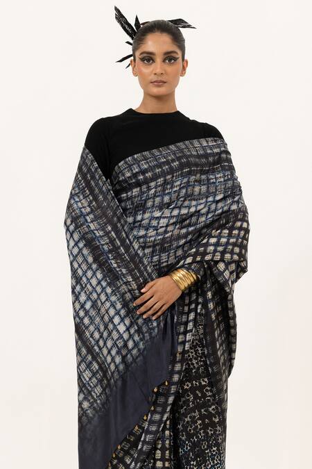 Unallume By Nisha_Blue Silk Noir Luxe Saree _Online_at_Aza_Fashions