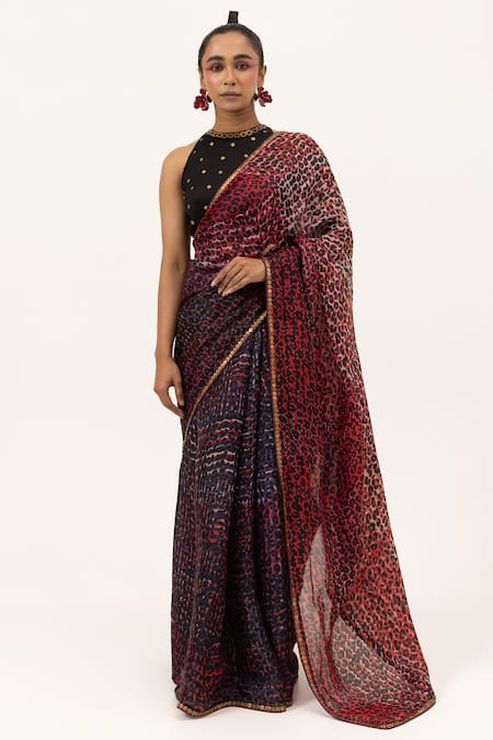 Unallume By Nisha Red Silk Sequins Leopard Luxe Saree Set 