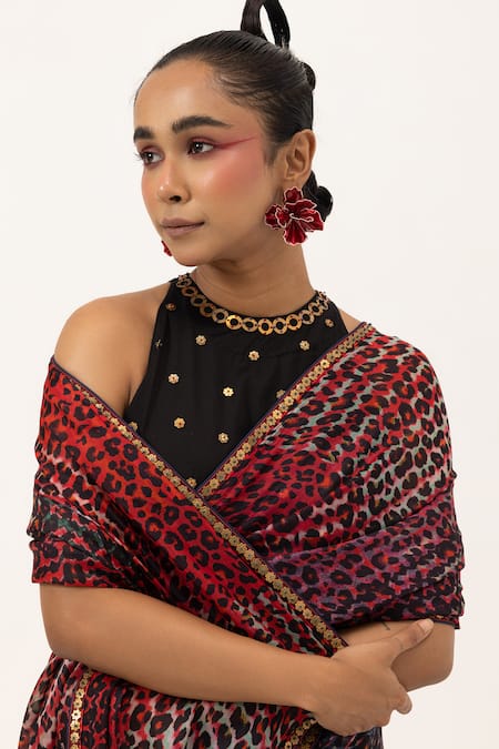 Shop_Unallume By Nisha_Red Silk Sequins Leopard Luxe Saree Set _Online_at_Aza_Fashions