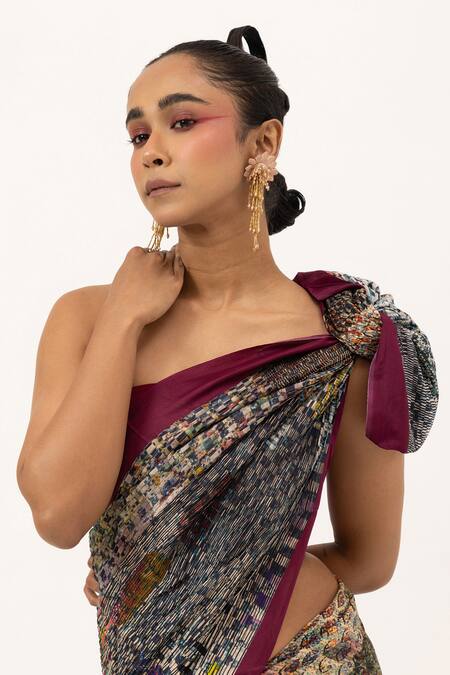 Unallume By Nisha_Wine Silk Camouflage Saree _Online_at_Aza_Fashions