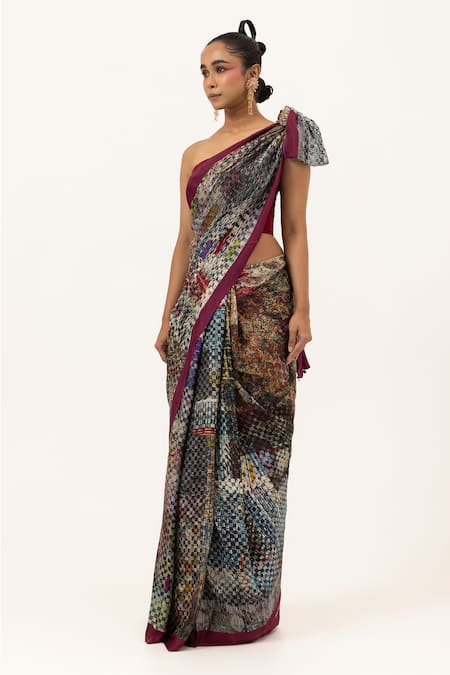 Unallume By Nisha Wine Camouflage Silk Saree 