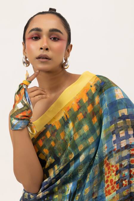 Unallume By Nisha_Yellow Silk Block And Blend Saree _Online_at_Aza_Fashions