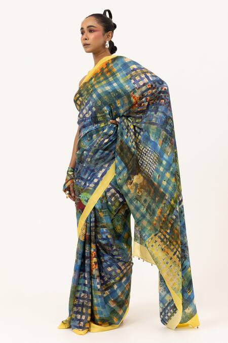 Shop_Unallume By Nisha_Yellow Silk Block And Blend Saree _Online_at_Aza_Fashions