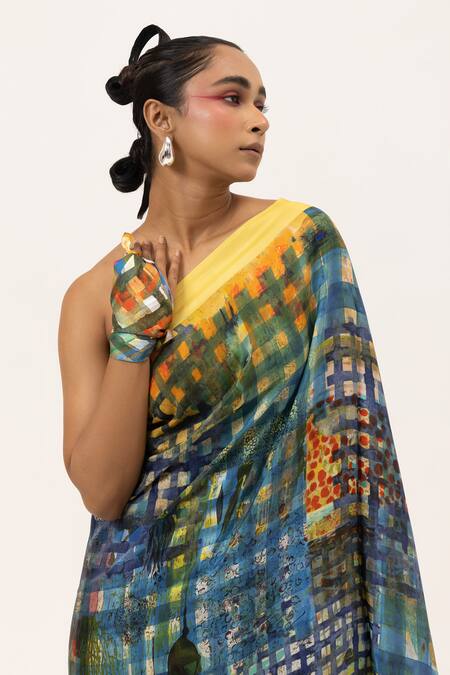 Unallume By Nisha_Yellow Silk Block And Blend Saree _at_Aza_Fashions