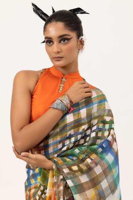 Unallume By Nisha_Multi Color Silk Vibrant Grid Saree _Online_at_Aza_Fashions