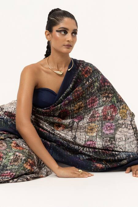 Unallume By Nisha_Blue Silk Whispering Bloom Saree _Online_at_Aza_Fashions