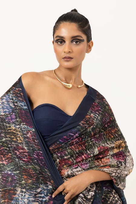 Shop_Unallume By Nisha_Blue Silk Whispering Bloom Saree _Online_at_Aza_Fashions