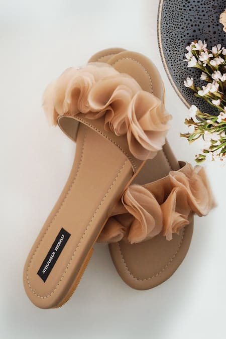 Shop Shradha Hedau Footwear Couture Beige Cassandra Ruffle Detail Flats at Aza Fashions Shop_Shradha Hedau Footwear Couture_Beige Cassandra Ruffle Detail Flats _at_Aza_Fashions