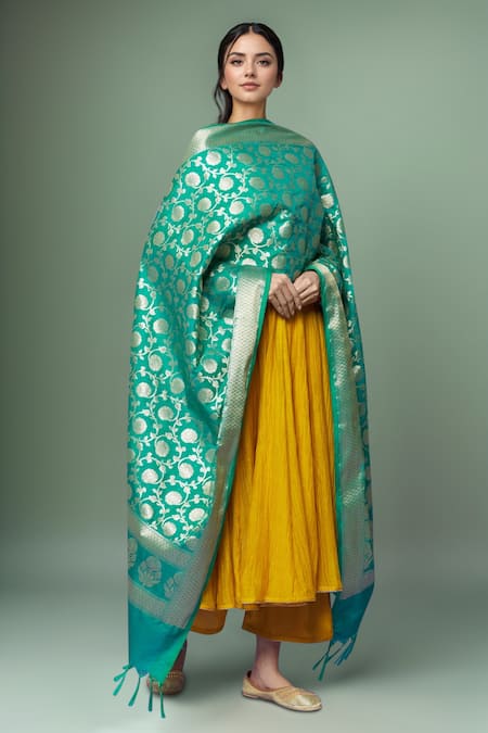 Naintara Bajaj Green Zari, Fringe Botanic Woven Banarasi Art Silk Dupatta