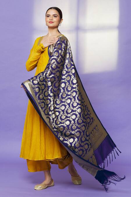 Naintara Bajaj_Navy Brocade Zari, Fringe Banarasi Art Silk Floral Woven Dupatta _at_Aza_Fashions