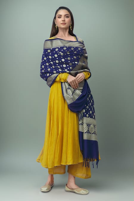Naintara Bajaj Navy Brocade, Silk Zari, Fringe Banarasi Art Floral Woven Dupatta