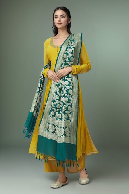 Naintara Bajaj Green Brocade Zari, Fringe Floral Woven Banarasi Art Silk Dupatta 