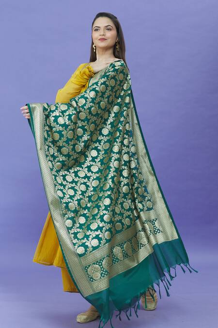 Naintara Bajaj_Green Brocade Zari, Fringe Floral Woven Banarasi Art Silk Dupatta _at_Aza_Fashions