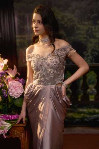 Muskan Aggarwal_Mauve Satin, Net Pearls, Crystals, Embroidery Off-shoulder Corset Gown_Online_at_Aza_Fashions