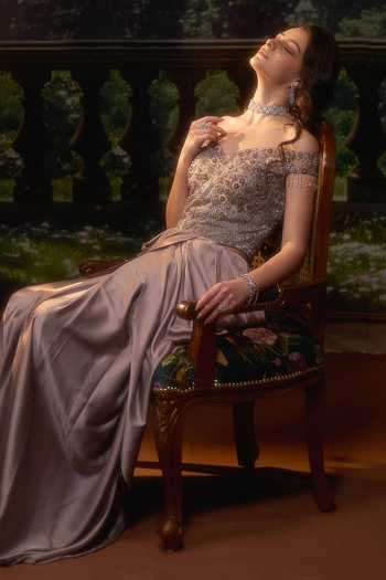Shop_Muskan Aggarwal_Mauve Satin, Net Pearls, Crystals, Embroidery Off-shoulder Corset Gown_Online_at_Aza_Fashions
