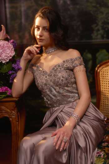 Muskan Aggarwal_Mauve Satin, Net Pearls, Crystals, Embroidery Off-shoulder Corset Gown_at_Aza_Fashions