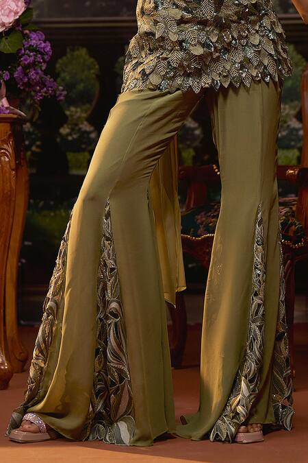 Muskan Aggarwal_Green Georgette, Net Sequins, Cut Work Sage Embroidered Kurta Sharara Set_at_Aza_Fashions