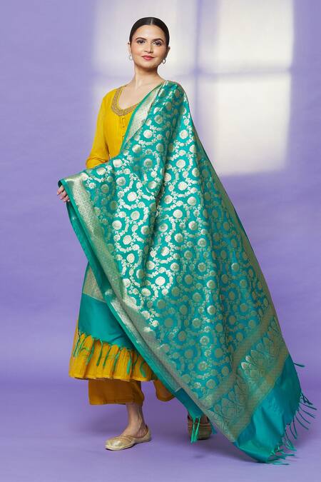 Shop_Naintara Bajaj_Teal Zari, Fringe Metallic Floret Pattern Hem Dupatta _Online_at_Aza_Fashions