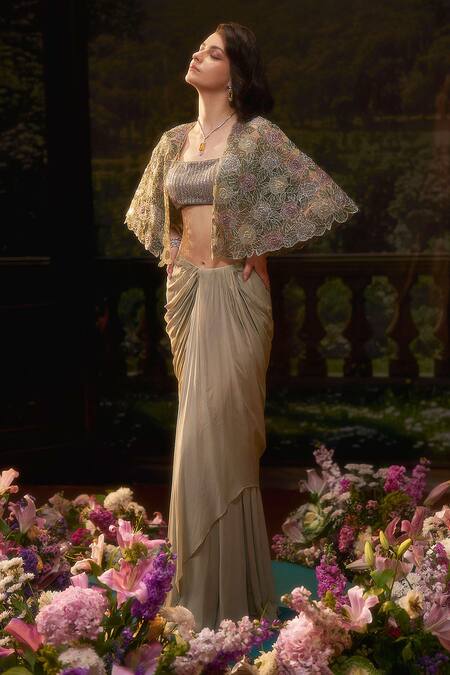 Buy Muskan Aggarwal Green Georgette, Net Embroidery, Cut Work Round Neck Sage Dana Cape Set at Aza Fashions Buy_Muskan Aggarwal_Green Georgette, Net Embroidery, Cut Work Round Neck Sage Dana Cape Set_at_Aza_Fashions