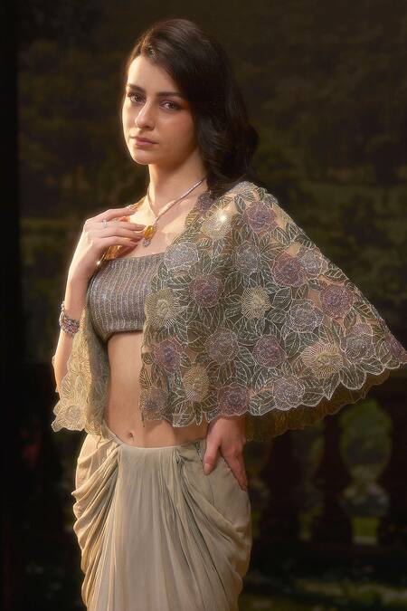 Muskan Aggarwal Green Georgette, Net Embroidery, Cut Work Round Neck Sage Dana Cape Set Online at Aza Fashions Muskan Aggarwal_Green Georgette, Net Embroidery, Cut Work Round Neck Sage Dana Cape Set_Online_at_Aza_Fashions