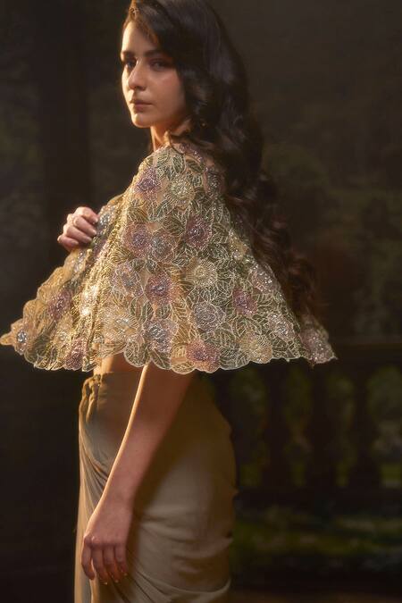 Buy Muskan Aggarwal Green Georgette, Net Embroidery, Cut Work Round Neck Sage Dana Cape Set Online at Aza Fashions Buy_Muskan Aggarwal_Green Georgette, Net Embroidery, Cut Work Round Neck Sage Dana Cape Set_Online_at_Aza_Fashions